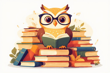 Cartoon owl wearing glasses sits atop a stack of books, reading a book.