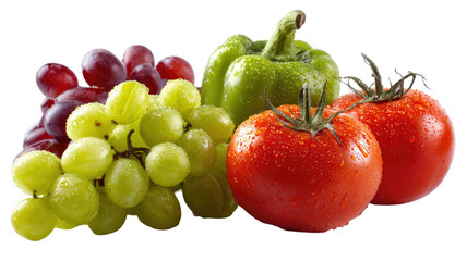  Fresh vegetables including tomatoes, peppers, and grapes arranged in a vibrant natural assortment for healthy food themes isolated on white background