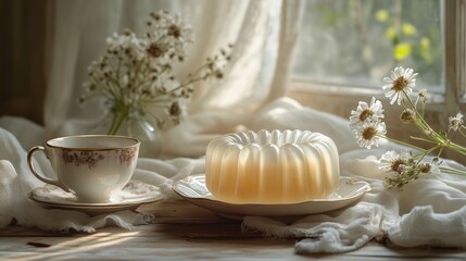 dessert photography of vintage jelly mold with tea cup and linen backdrop, warm retro aesthetic, vintage film look