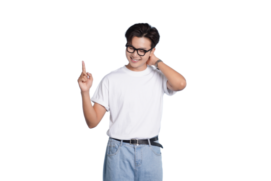 Confident Young man: A handsome young man with eyeglasses and dressed in a casual style points his index finger upwards, wearing an eyeglasses, radiating confidence. - Powered by Adobe