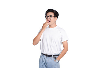 Yawning Man: A casual shot of a man wearing glasses and a t-shirt yawns, hand covering his mouth,...