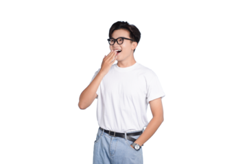 Yawning Man: A casual shot of a man wearing glasses and a t-shirt yawns, hand covering his mouth, with a look of drowsiness.