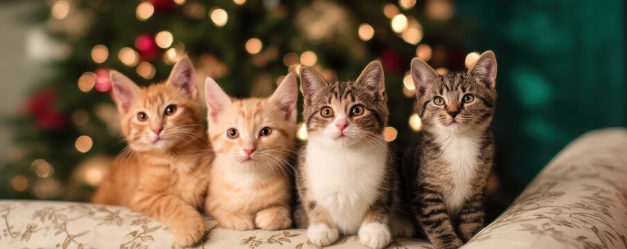 Four adorable kittens sitting together near a blurred Christmas tree with glowing lights