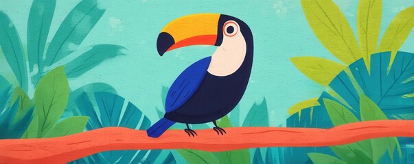 Obraz premium Stylized toucan bird perched on a branch amidst vibrant tropical foliage