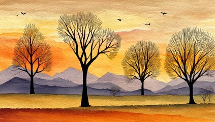 The landscape painting is rendered in watercolors with a palette of warm orange and yellow hues