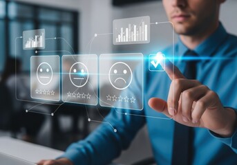 Man interacting with futuristic holographic display showing customer feedback and analytics
