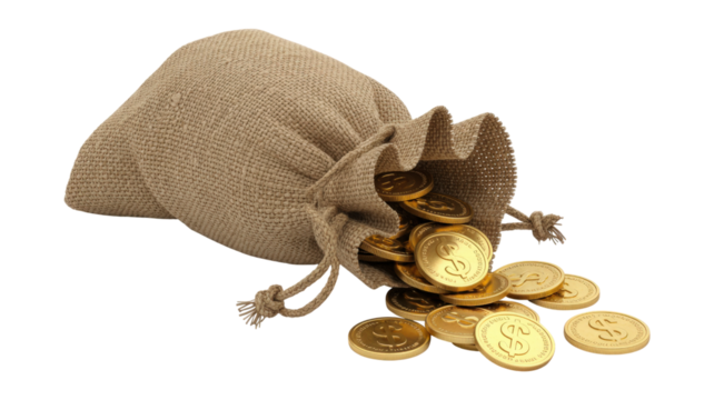 Gold coins spilling from burlap sack isolated on a transparent background