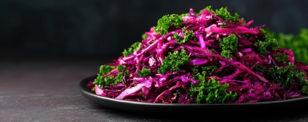 Vibrant red cabbage salad with fresh green kale garnished on a dark plate
