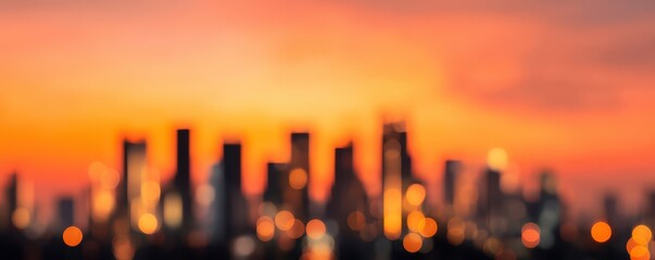 Blurred city skyline at sunset with warm orange and pink sky and glowing bokeh lights