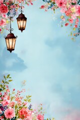 Obraz premium Serene lanterns are nestled among fruits, flowers, and softly falling snow