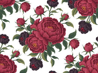 Vintage botanical seamless pattern featuring lush dark red peonies and purple flowers on a black background