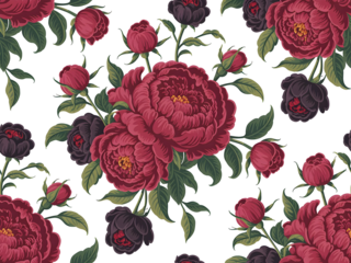 Vintage botanical seamless pattern featuring lush dark red peonies and purple flowers on a black background