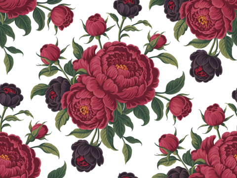 Vintage botanical seamless pattern featuring lush dark red peonies and purple flowers on a black background