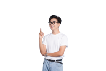 Enlightened Pose: A young individual points upward, illuminated by a brilliant idea, presenting a gesture of innovation and inspiration. 