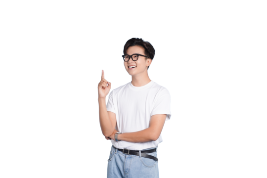 Enlightened Pose: A young individual points upward, illuminated by a brilliant idea, presenting a gesture of innovation and inspiration. 