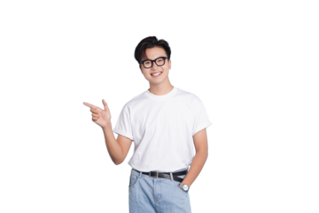Smiling Man Pointing: A cheerful young man, his eyes alight with genuine joy, gestures toward an unseen subject with a friendly point. His open expression and easy smile invites connection.