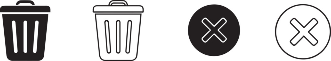 Fototapeta premium Clean line and solid fill vector icons for user interfaces, depicting standard delete, trash, remove, and close actions for web and mobile applications