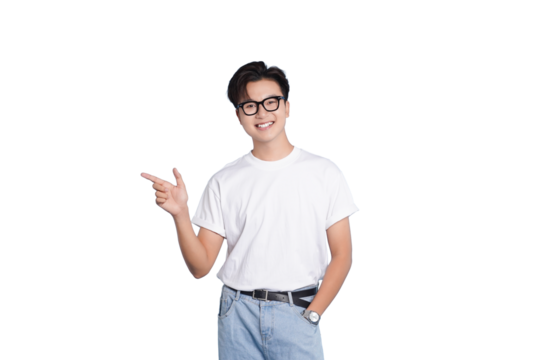 Smiling Man Pointing: A cheerful young man, his eyes alight with genuine joy, gestures toward an unseen subject with a friendly point. His open expression and easy smile invites connection.