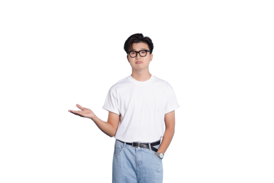 Confident Gesture: A young man, exuding assurance, extends his hand in a gesture of presentation, invitation, or explanation, conveying a sense of openness and approachability.