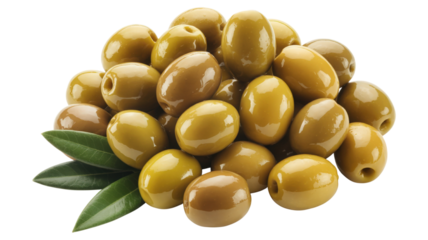 Green olives with leaves isolated on a transparent background