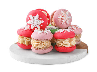 Festively decorated macarons isolated on white. Christmas treat