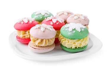 Festively decorated macarons isolated on white. Christmas treat