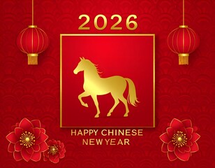 Happy Chinese New Year 2026 Greeting Card with Golden Horse Zodiac Sign