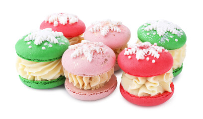 Festively decorated macarons isolated on white. Christmas treat