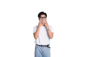 Young Man with Eyeglasses Posing: A youthful individual, his stylish glasses amplifying his contemplative gaze, captured in a moment of thoughtful introspection and posing