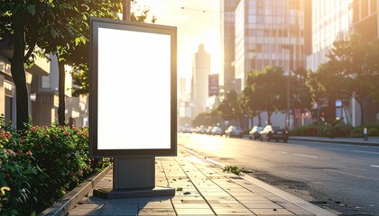 Blank vertical billboard on a city street at sunrise, an advertising mockup with copy space for outdoor marketing
