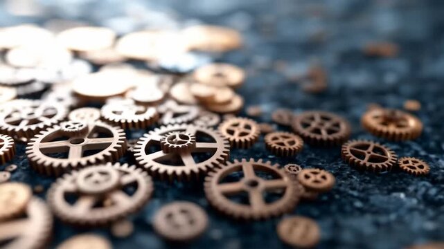 Clockwork gears on textured surface shallow depth of field