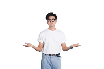 Indecisive Young Adult: A young individual in glasses presents an open palm gesture, showing a thoughtful expression of contemplation.
