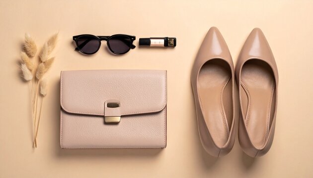 Elegant flat lay of a woman's fashion accessories beige handbag, sunglasses, lipstick, and heels