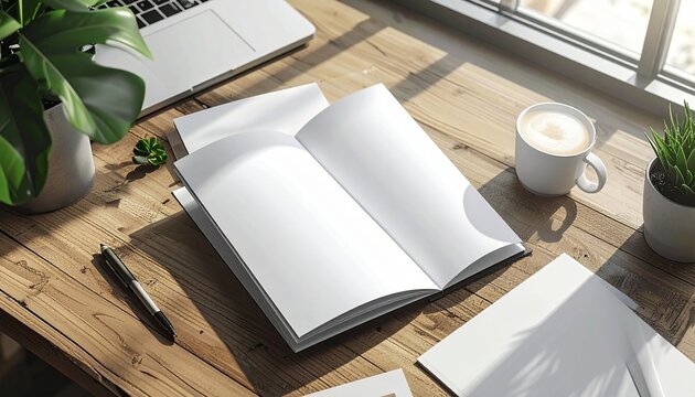 Top view of a sunlit wooden desk with a blank open magazine mockup, laptop, and a cup of coffee for a cozy workspace concept