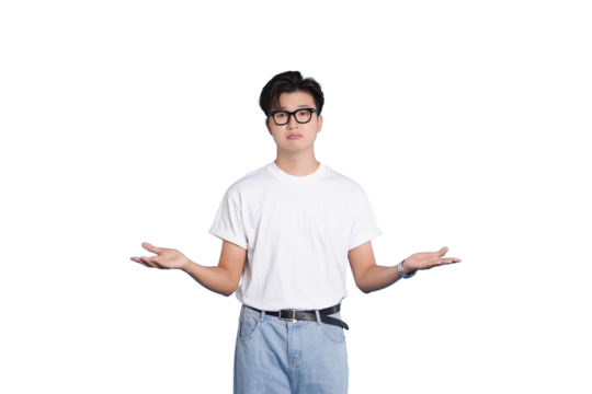 Indecisive Young Adult: A young individual in glasses presents an open palm gesture, showing a thoughtful expression of contemplation.