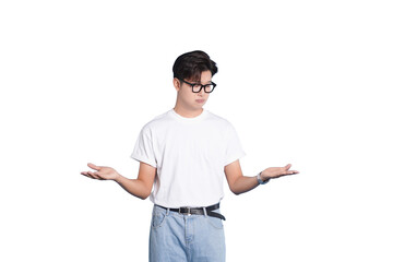 Uncertainty: A thoughtful individual stands in contemplative stance, gesturing with open hands against a background of possibility.