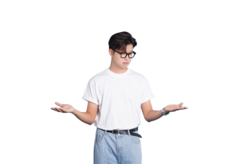 Uncertainty: A thoughtful individual stands in contemplative stance, gesturing with open hands against a background of possibility.