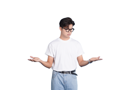 Uncertainty: A thoughtful individual stands in contemplative stance, gesturing with open hands against a background of possibility.