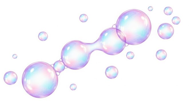 Iridescent soap bubbles floating and merging in a dreamy pastel palette