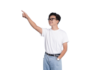 Direction of Inspiration: A young person gestures with a pointing finger, symbolizing forward thinking, potential, and guidance. This image is ideal for illustrating ideas of leadership, goals.