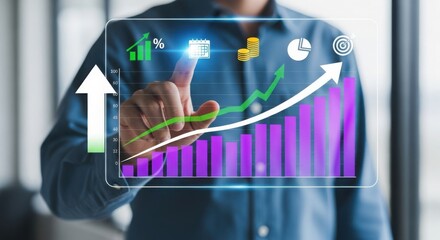 Business professional analyzes upward trending financial graph on a futuristic holographic display