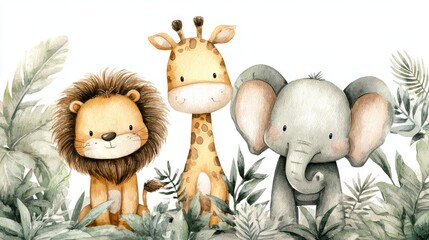 Obraz premium Jungle animals, including lions, elephants, giraffes, zebras, and monkeys, are beautifully illustrated in watercolor, surrounded by leaves, making them perfect for nursery decor, baby shower ideas,
