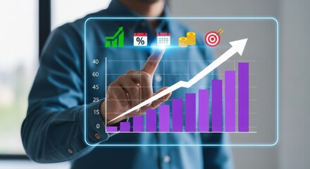Business professional interacting with a futuristic holographic financial growth chart and goals display