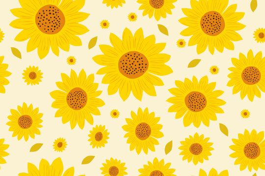 Bright seamless sunflower pattern featuring bold yellow petals and warm brown centers on a soft cream background, perfect for summer designs, textiles, and stationery.