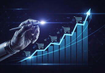 Robotic hand drawing a glowing upward trending financial graph with shopping carts
