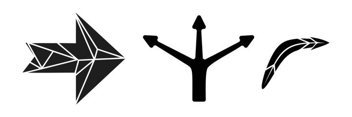 A set of three distinct black arrow icons for navigation and direction, including geometric, branching, and curved designs