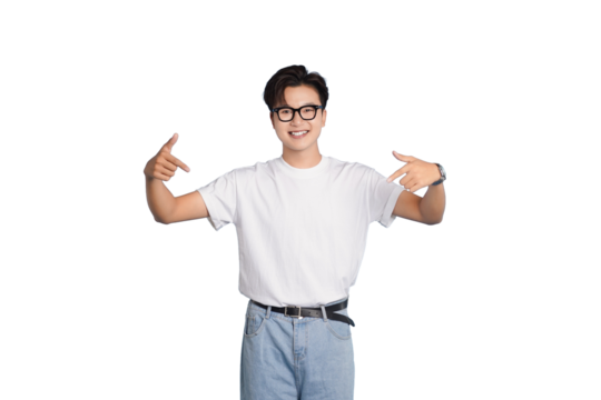 Confident and Casual: A stylish individual, sporting eyeglasses, a white tee, and classic jeans, exudes confidence as he gestures towards himself. A simple background