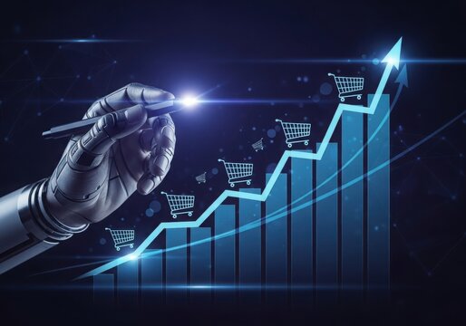 Robotic hand drawing a glowing upward trending financial graph with shopping carts