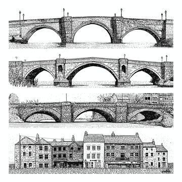 Vintage Engraving of Historic Stone Arch Bridges and Old Town Buildings, Detailed Architectural Illustration Set