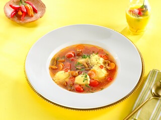 A colorful bowl features steaming soup with vegetables, herbs, and garnishes, sitting on a bright yellow table. A refreshing drink complements the lively scene